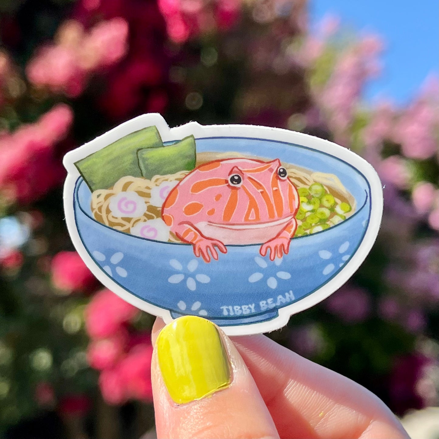 Pacman frog in ramen bowl vinyl sticker