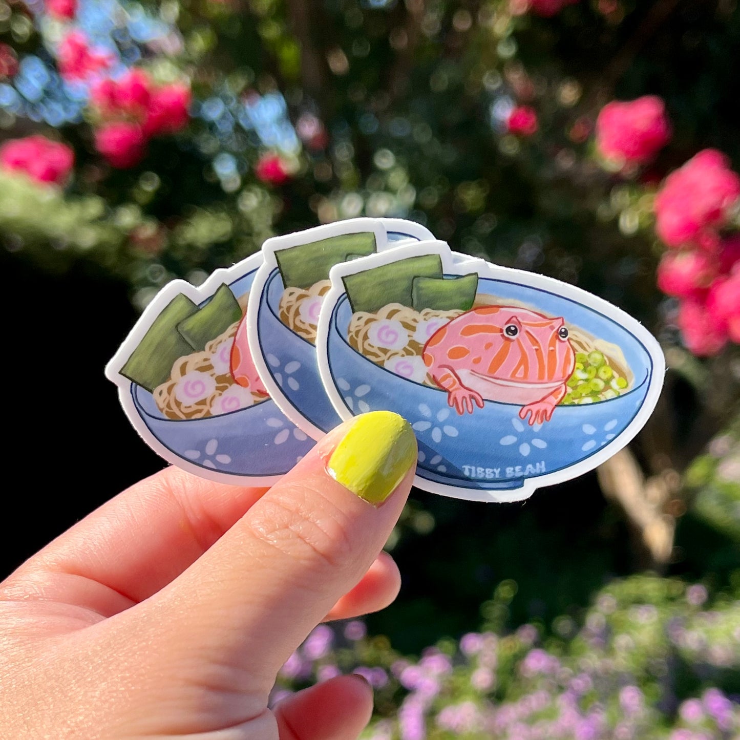 Pacman frog in ramen bowl vinyl sticker