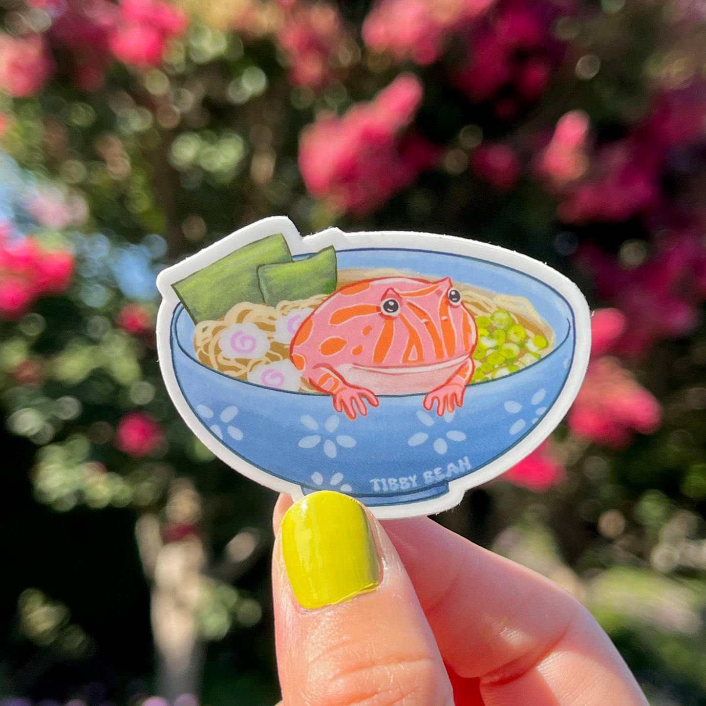 Pacman frog in ramen bowl vinyl sticker