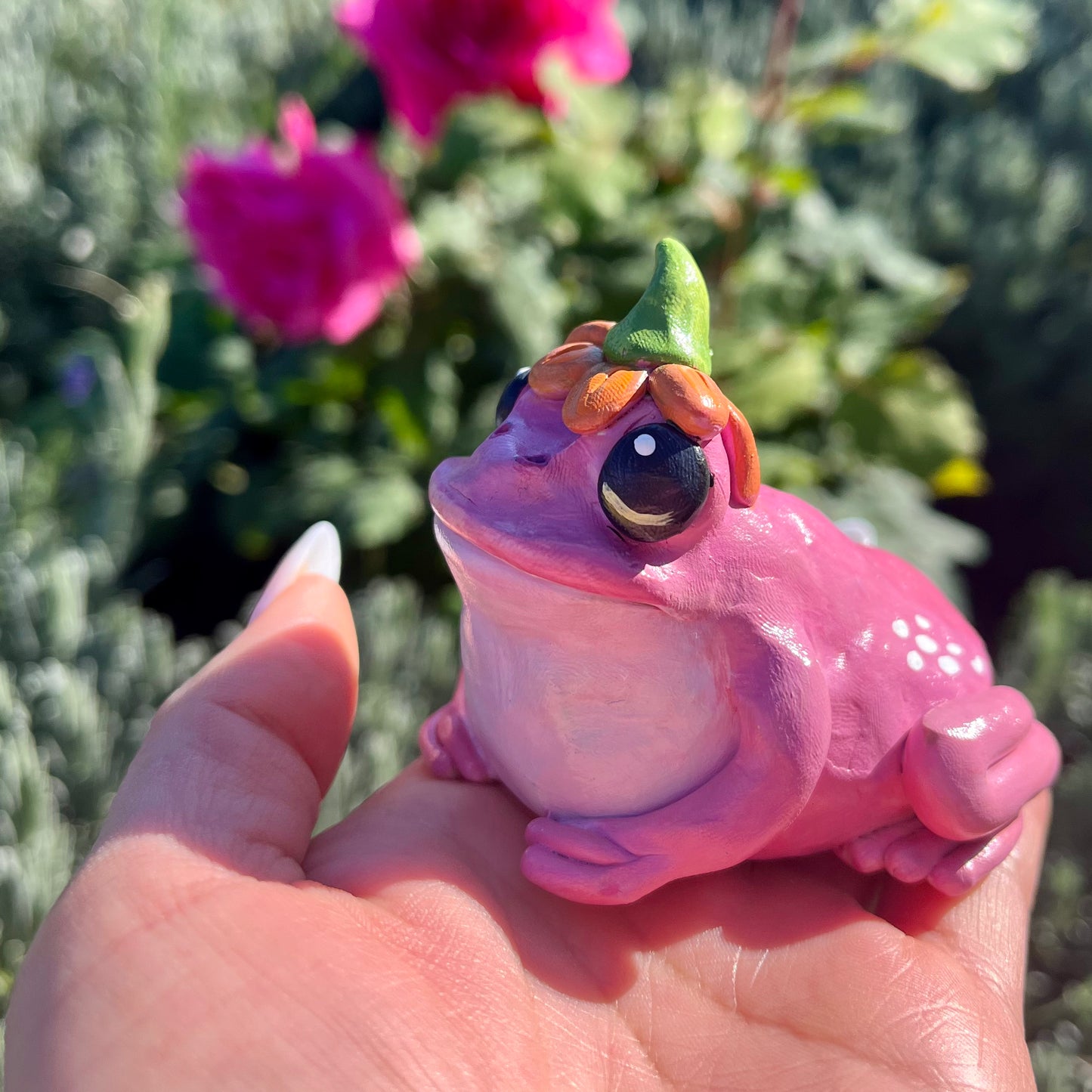 Handmade polymer clay flower hat frog figurine