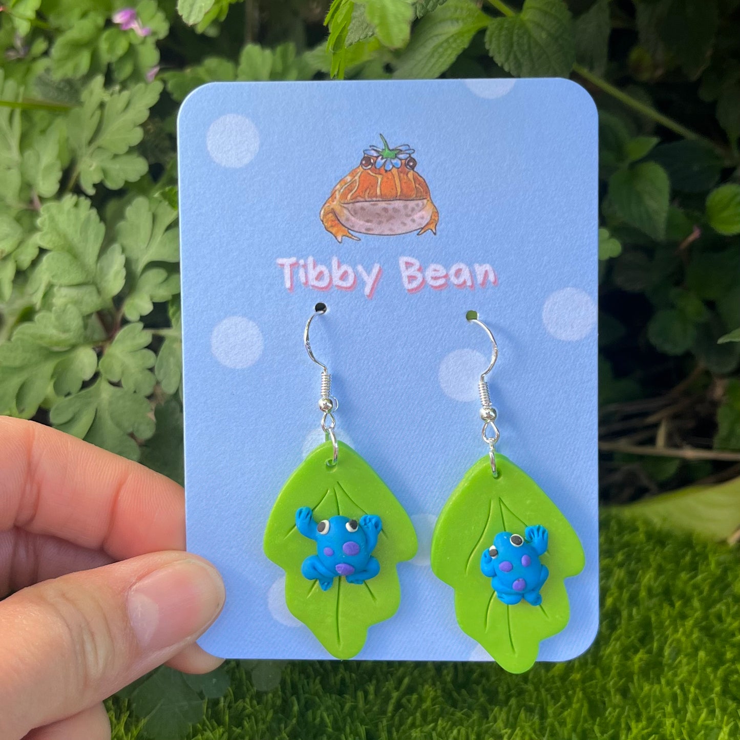 Handmade polymer clay bright blue frog earrings