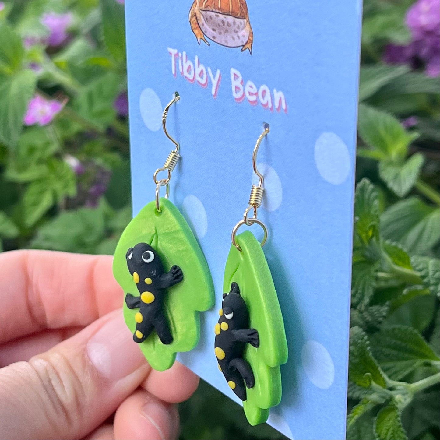 Handmade polymer clay yellow spotted salamander earrings