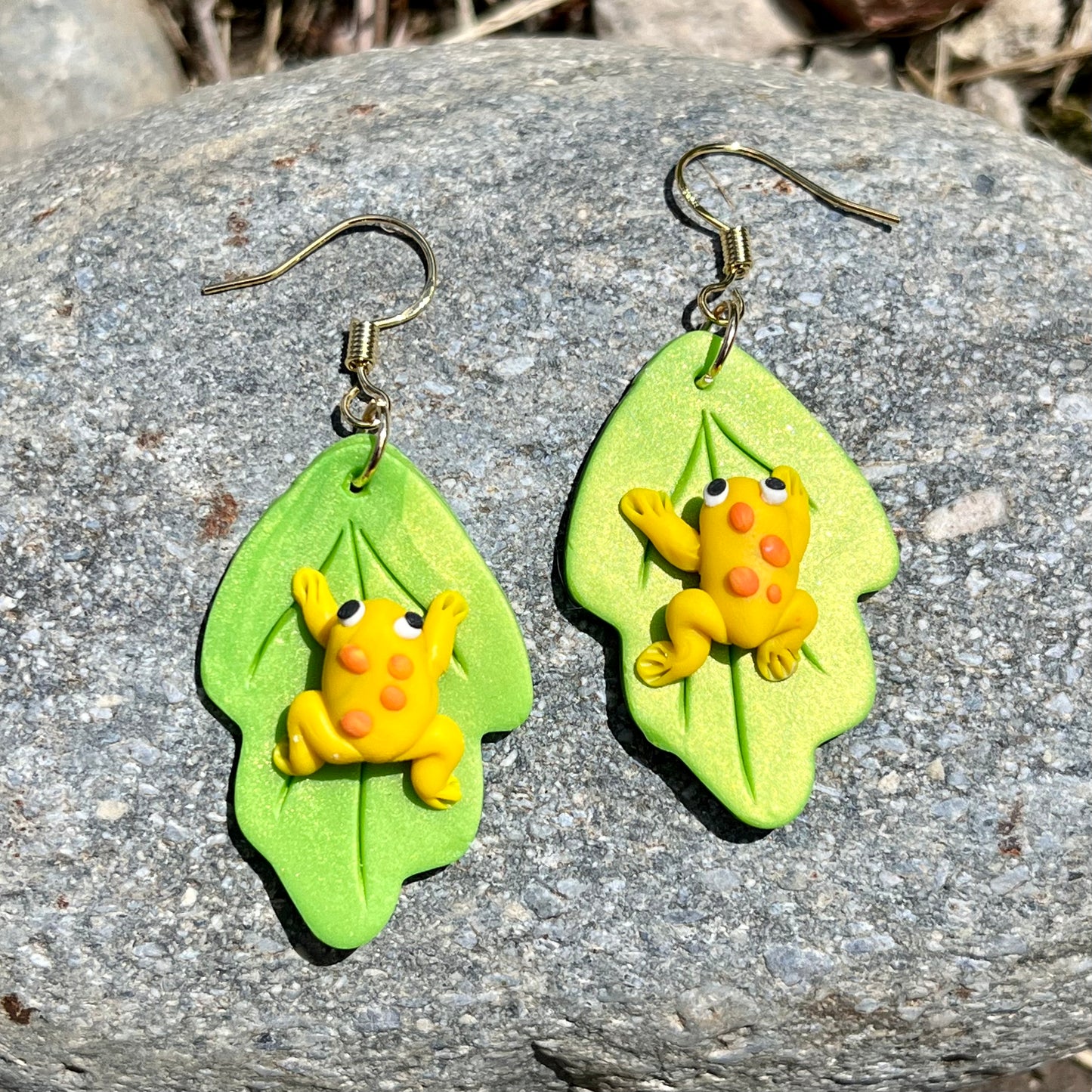 Handmade polymer clay yellow frog leaf earrings