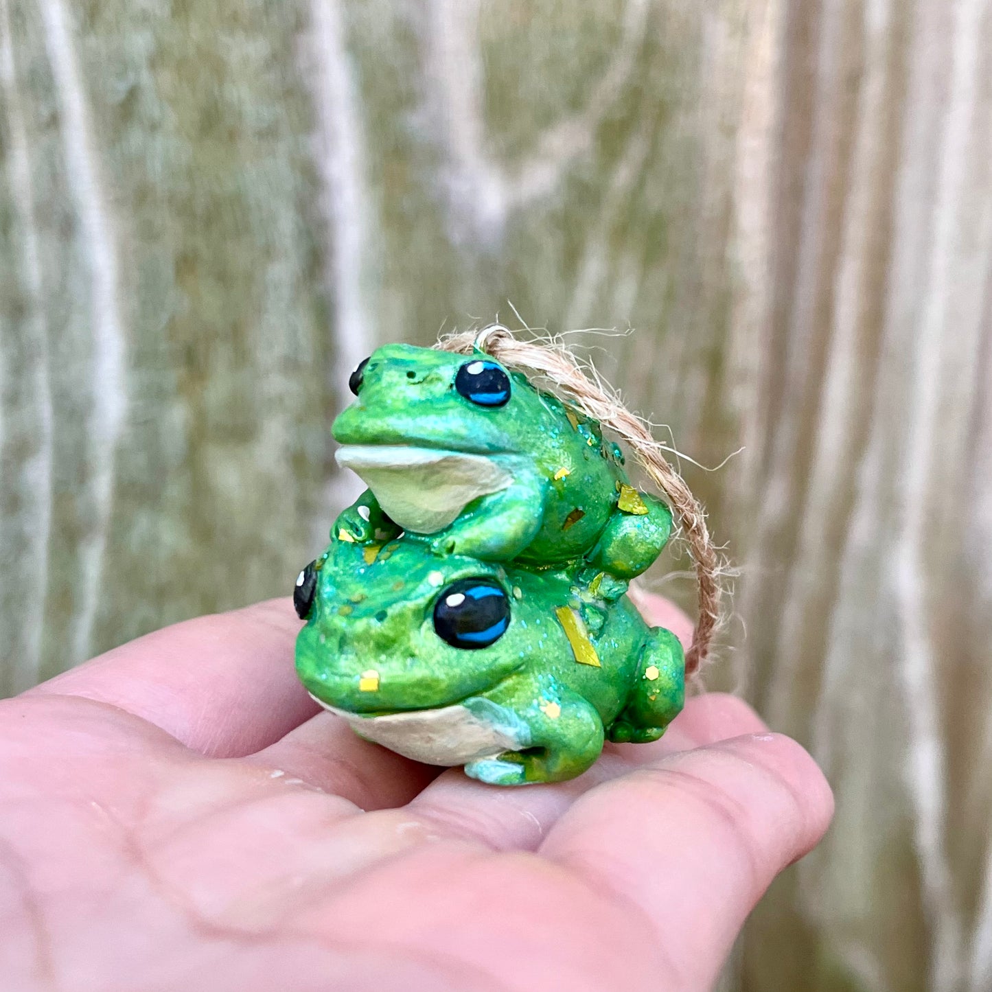 Handmade stacking green toad figurine ornament
