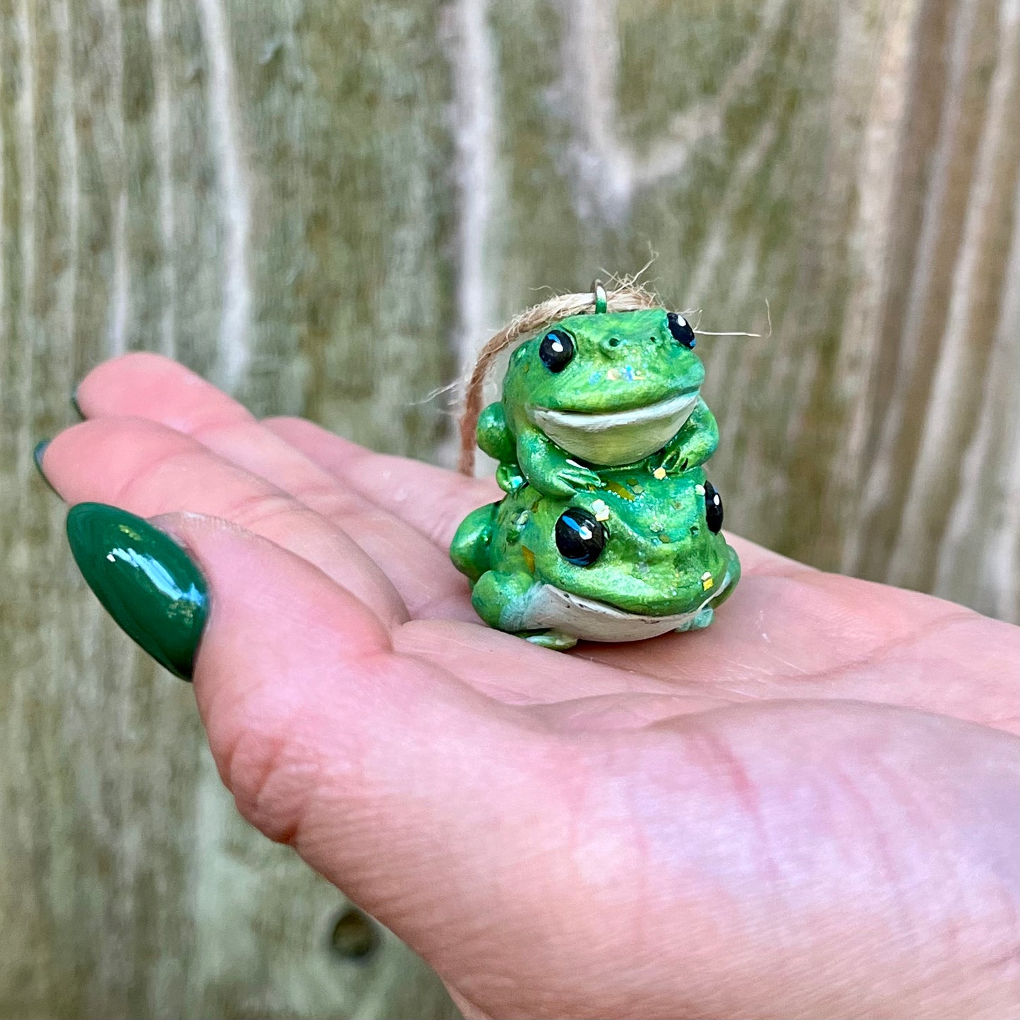 Handmade stacking green toad figurine ornament