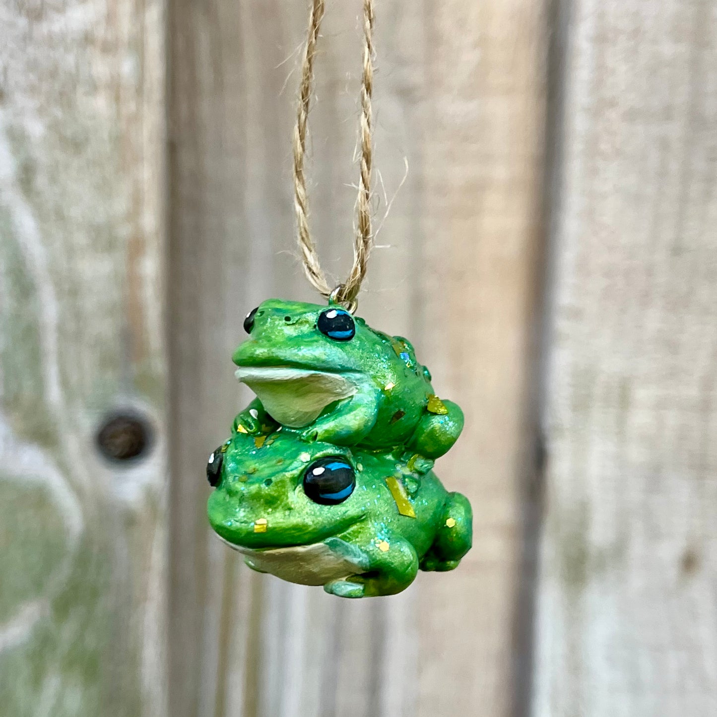 Handmade stacking green toad figurine ornament