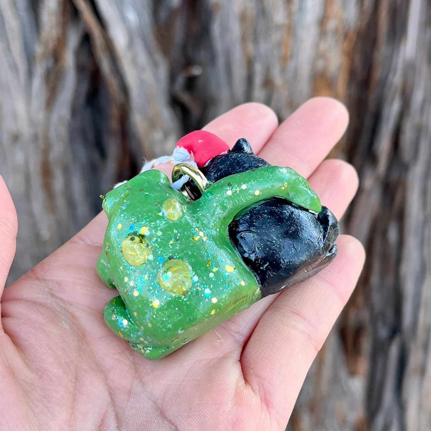 Handmade Polymer Clay Winter Holiday Frog and Black Cat Glittery Ornament Figurine