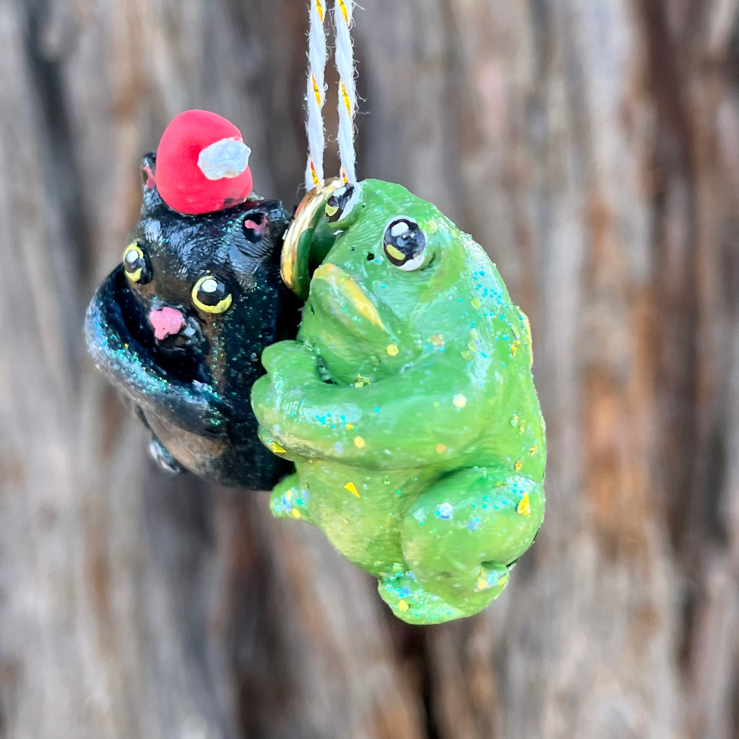 Handmade Polymer Clay Winter Holiday Frog and Black Cat Glittery Ornament Figurine