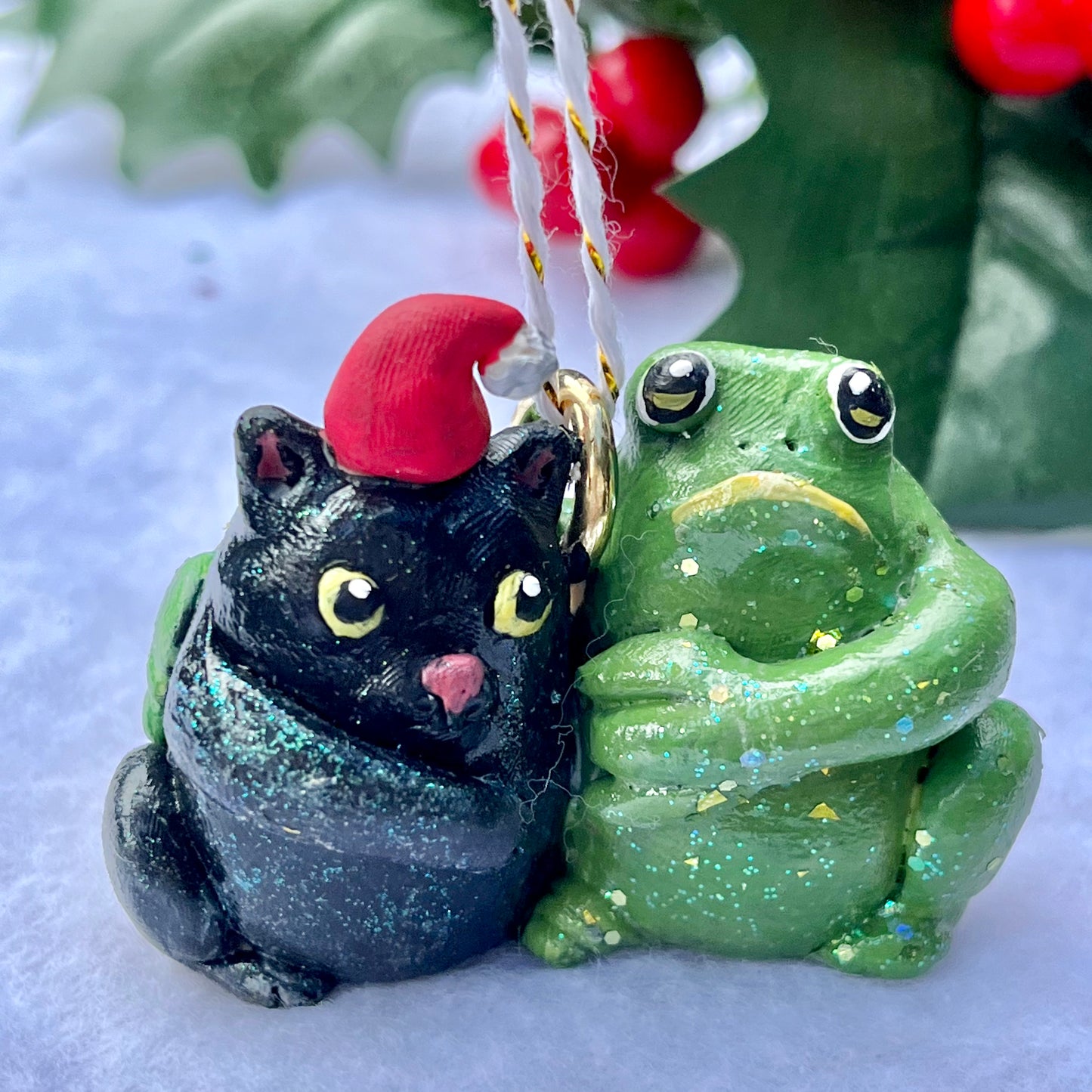 Handmade Polymer Clay Winter Holiday Frog and Black Cat Glittery Ornament Figurine