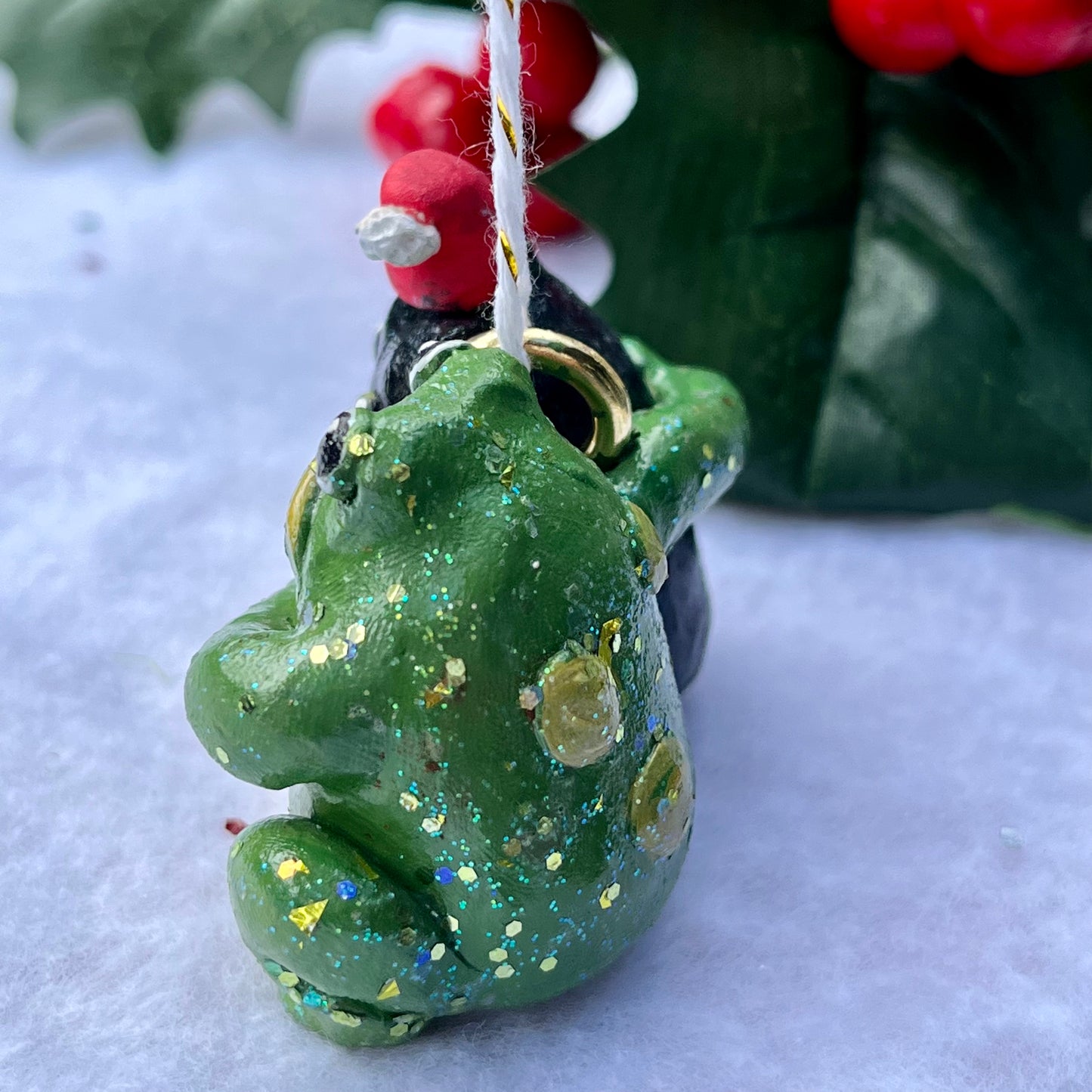 Handmade Polymer Clay Winter Holiday Frog and Black Cat Glittery Ornament Figurine