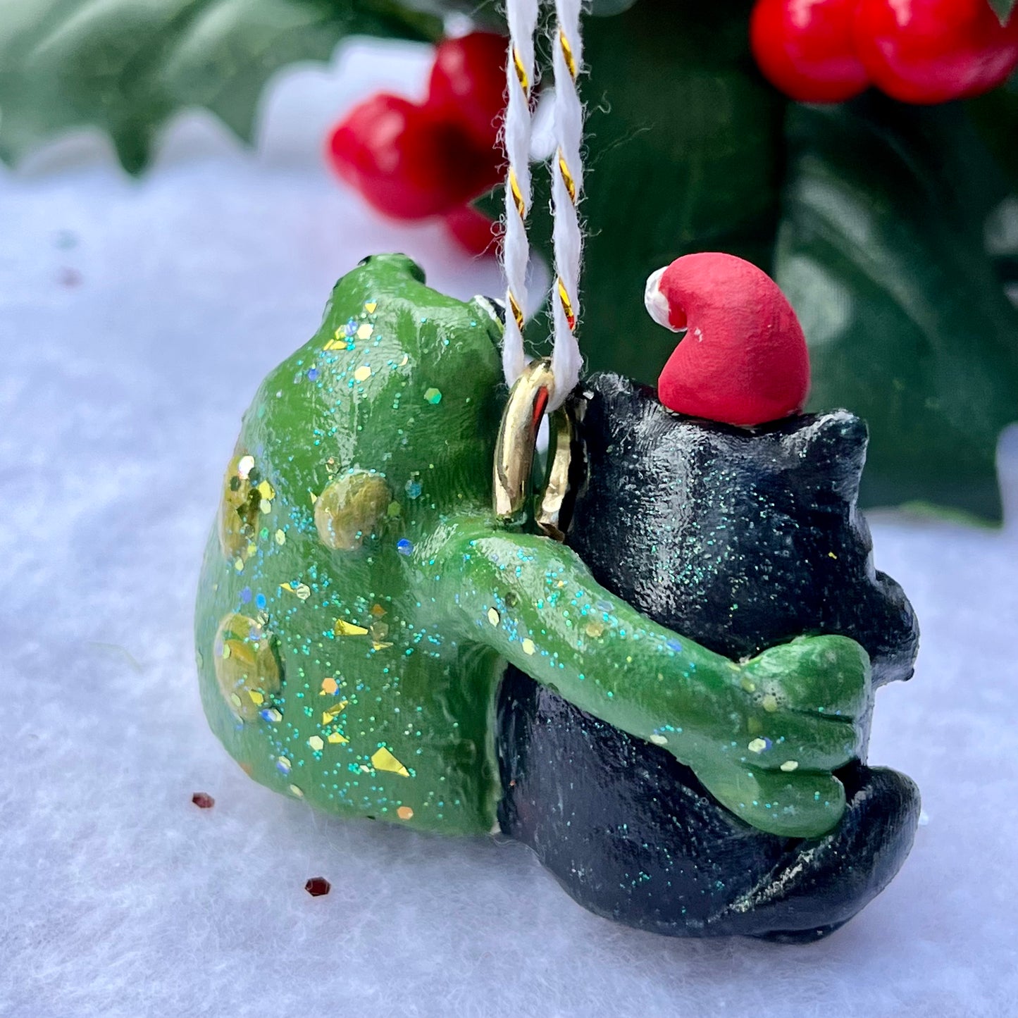 Handmade Polymer Clay Winter Holiday Frog and Black Cat Glittery Ornament Figurine