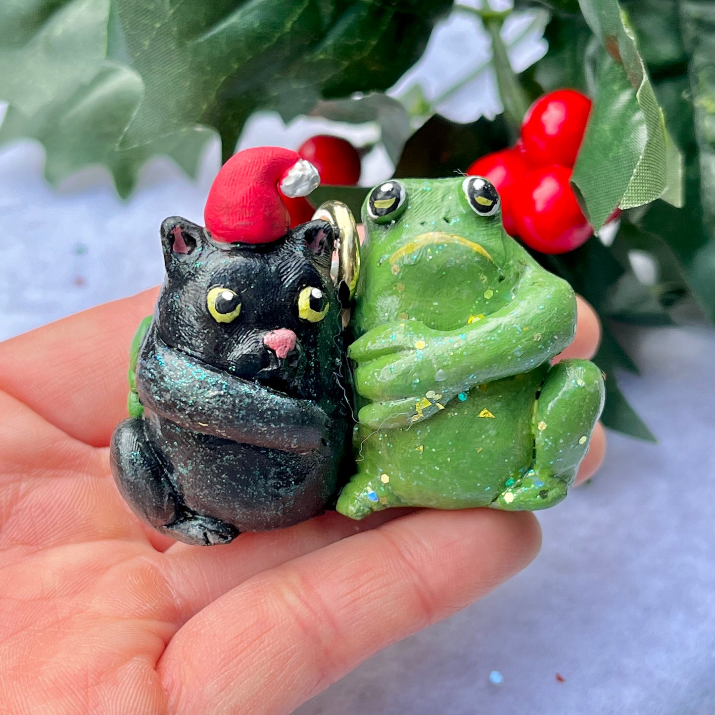 Handmade Polymer Clay Winter Holiday Frog and Black Cat Glittery Ornament Figurine