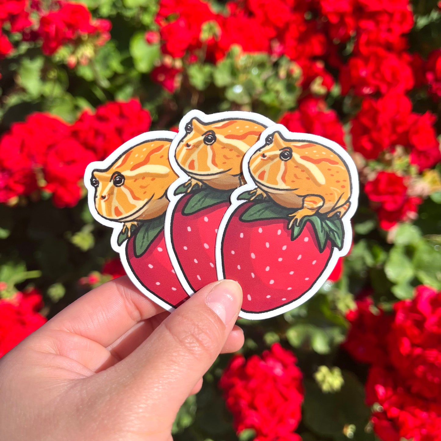 Pacman frog on strawberry vinyl sticker