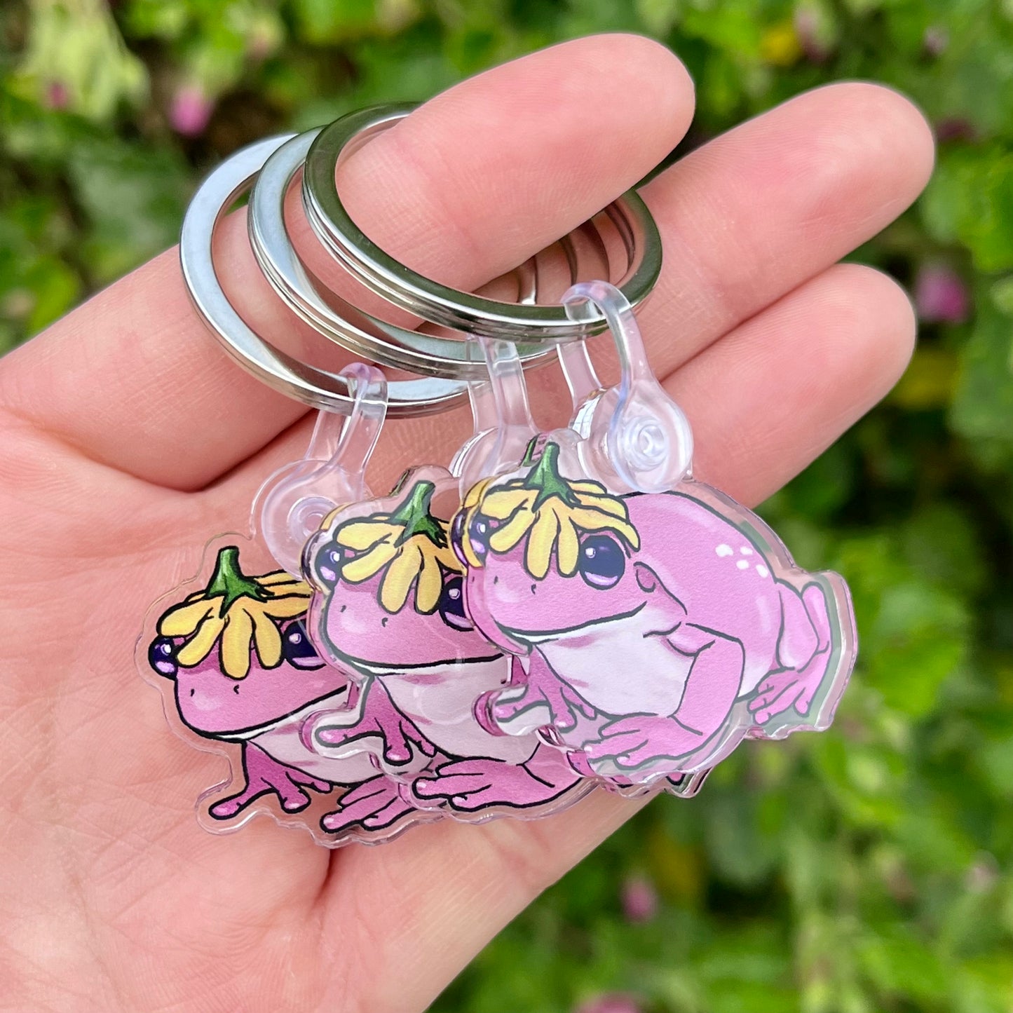 Acrylic pink flower hat frog keychain