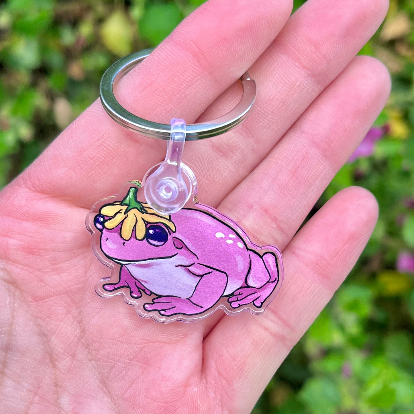 Acrylic pink flower hat frog keychain