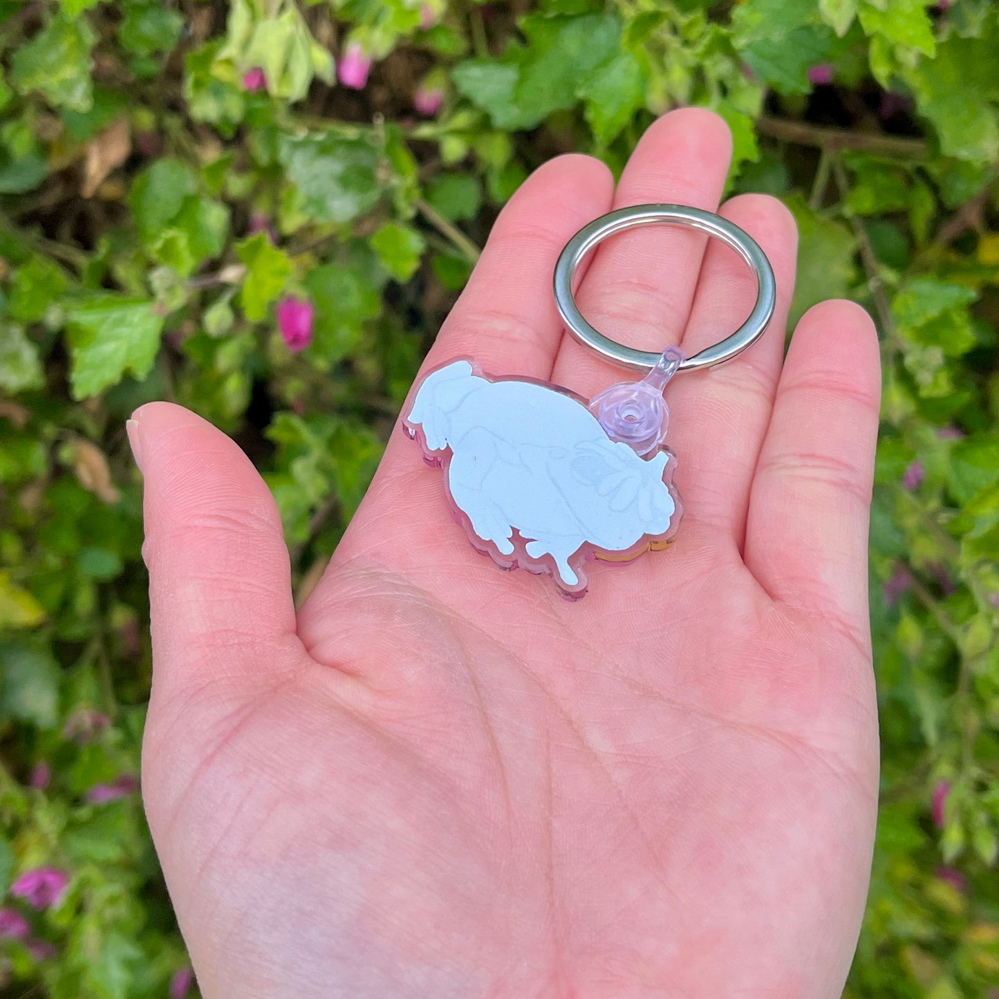 Acrylic pink flower hat frog keychain