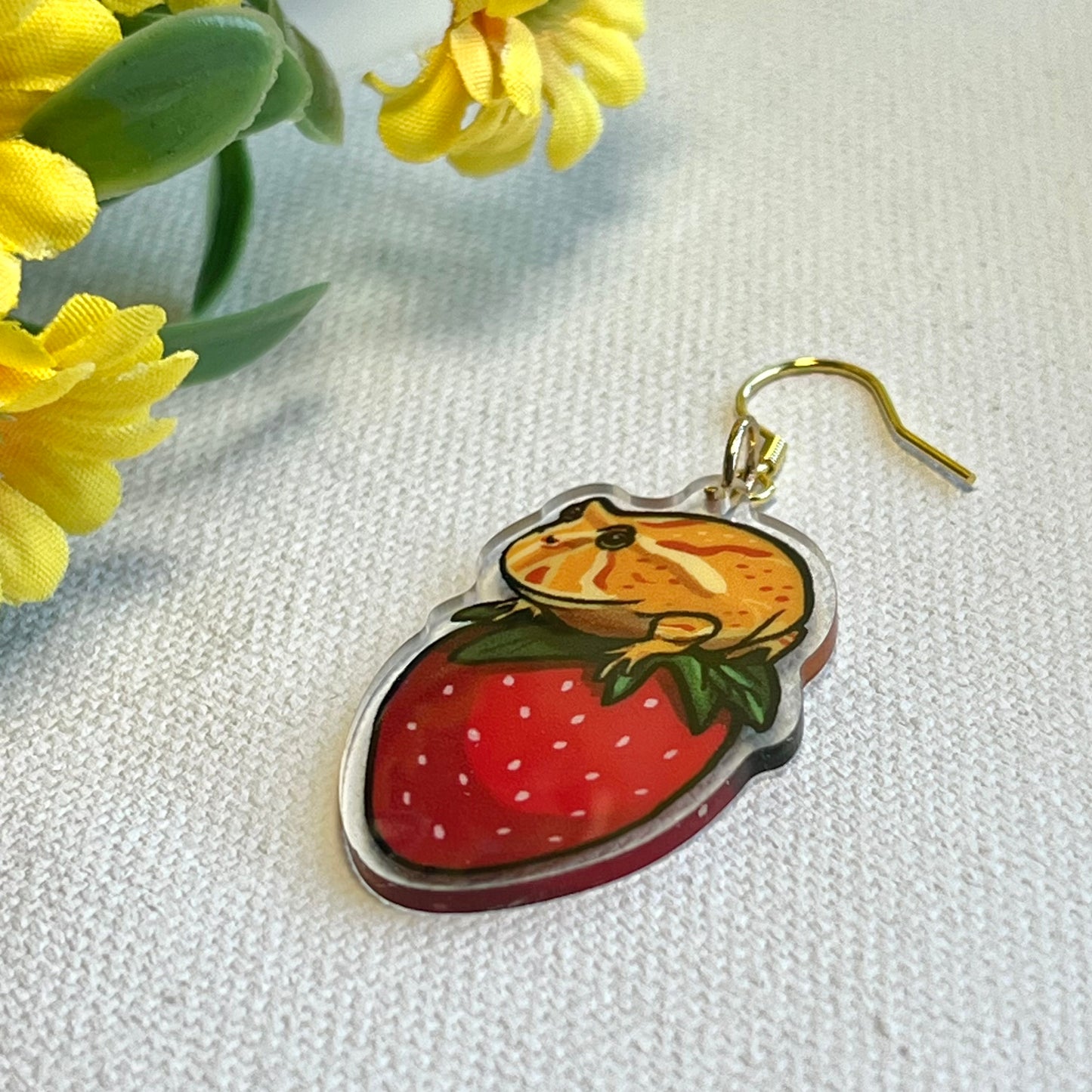 Pacman frog on strawberry acrylic earrings