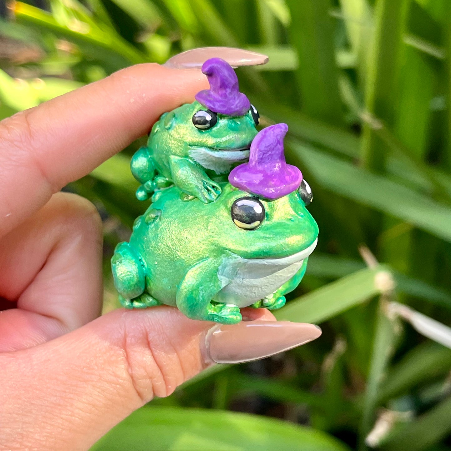 Handmade stacking witch toads figurine