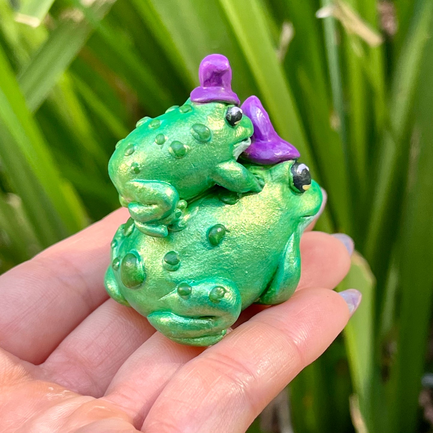 Handmade stacking witch toads figurine