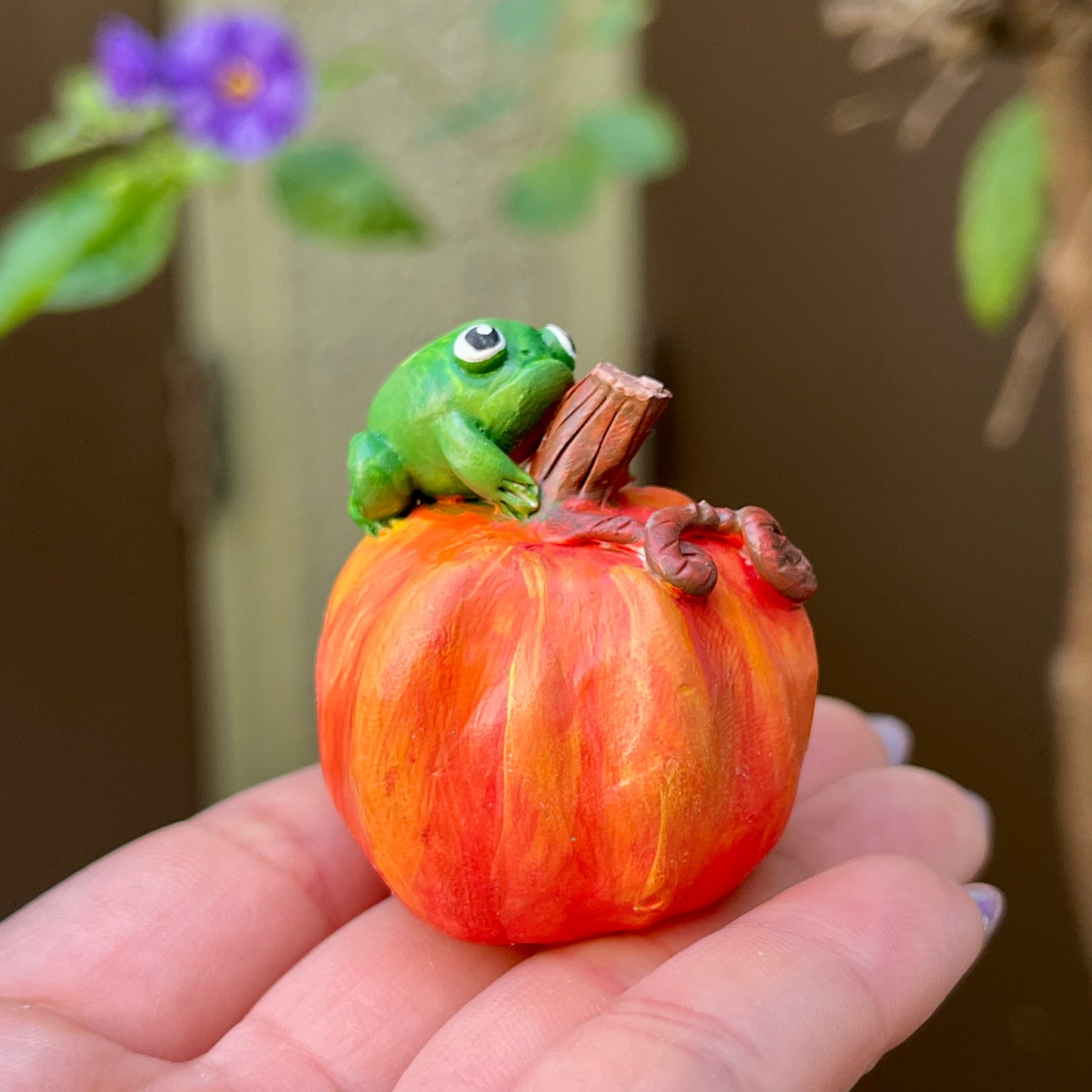 Handmade fall frogs on squash figurines