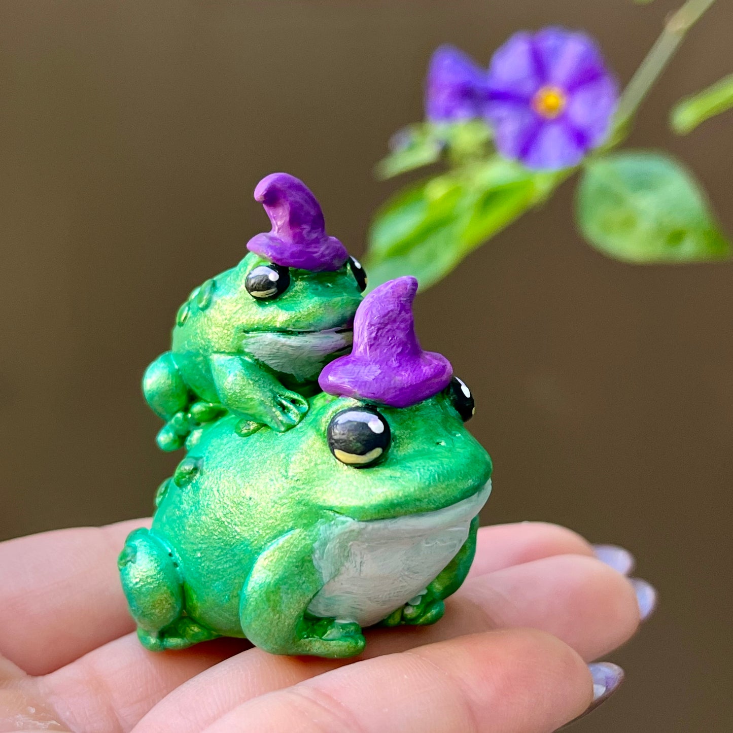 Handmade stacking witch toads figurine