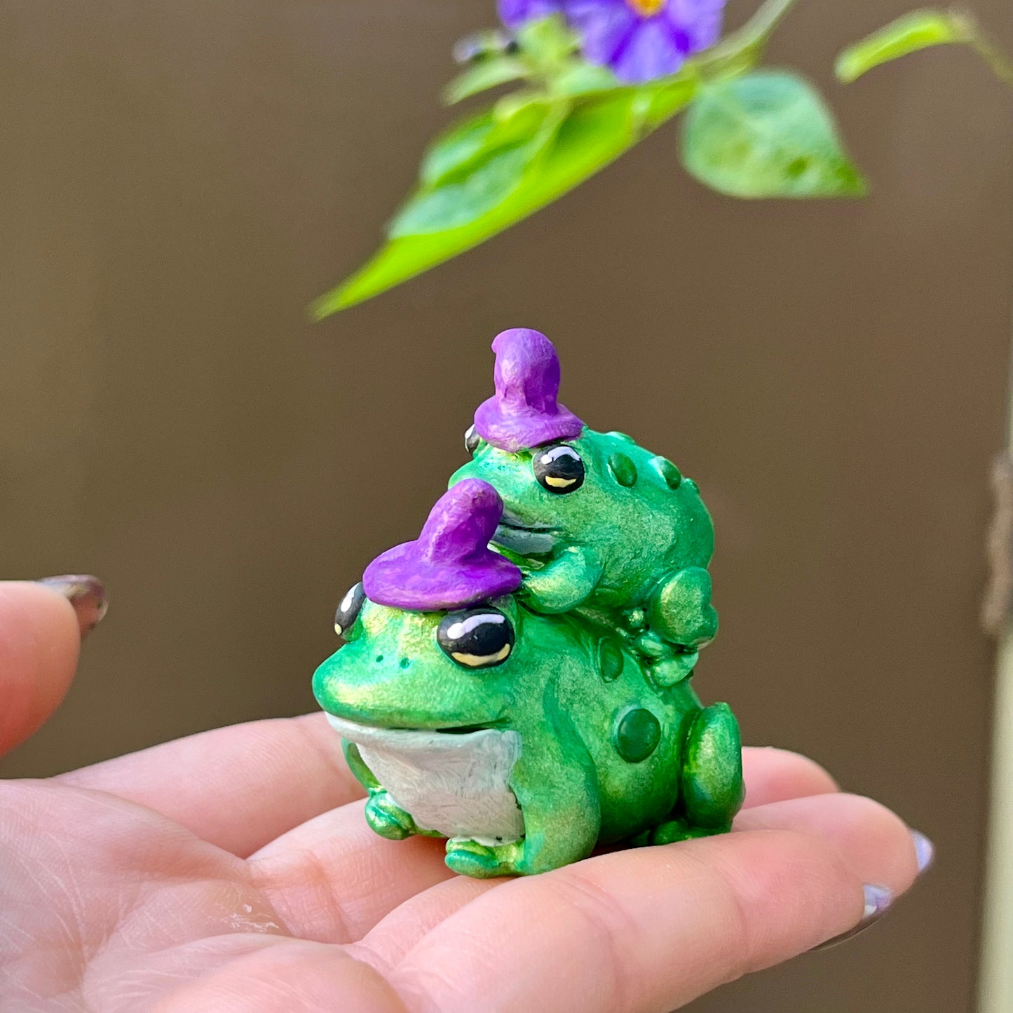 Handmade stacking witch toads figurine