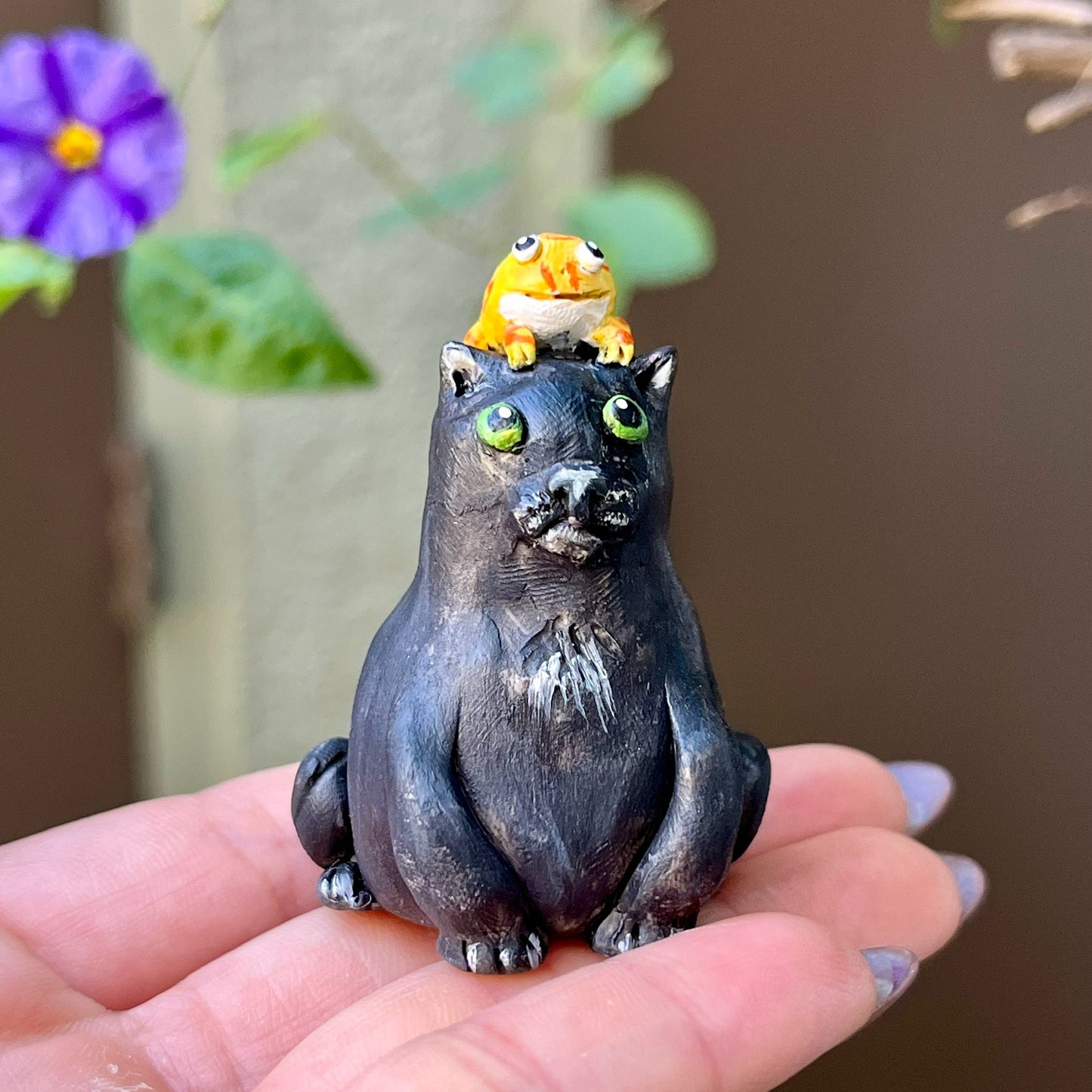 Handmade black cat and pacman frog figurine