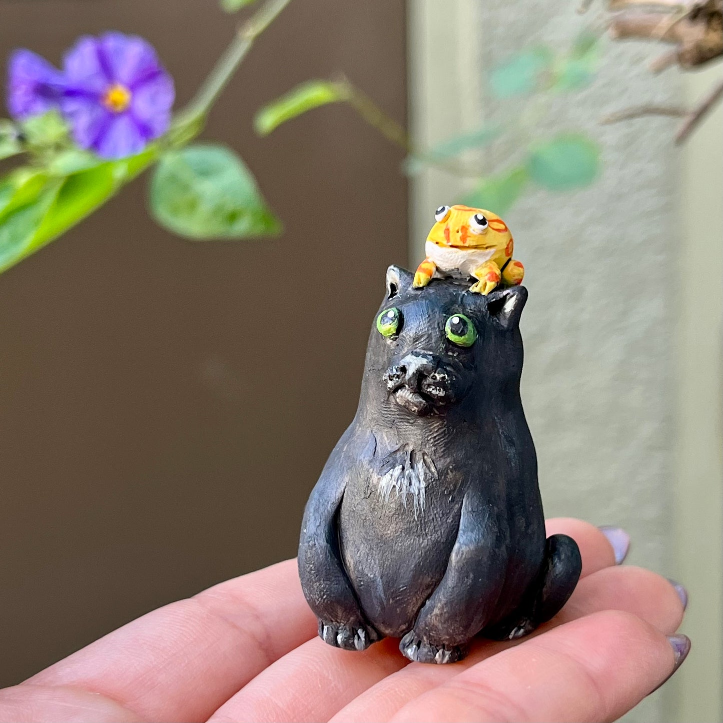 Handmade black cat and pacman frog figurine