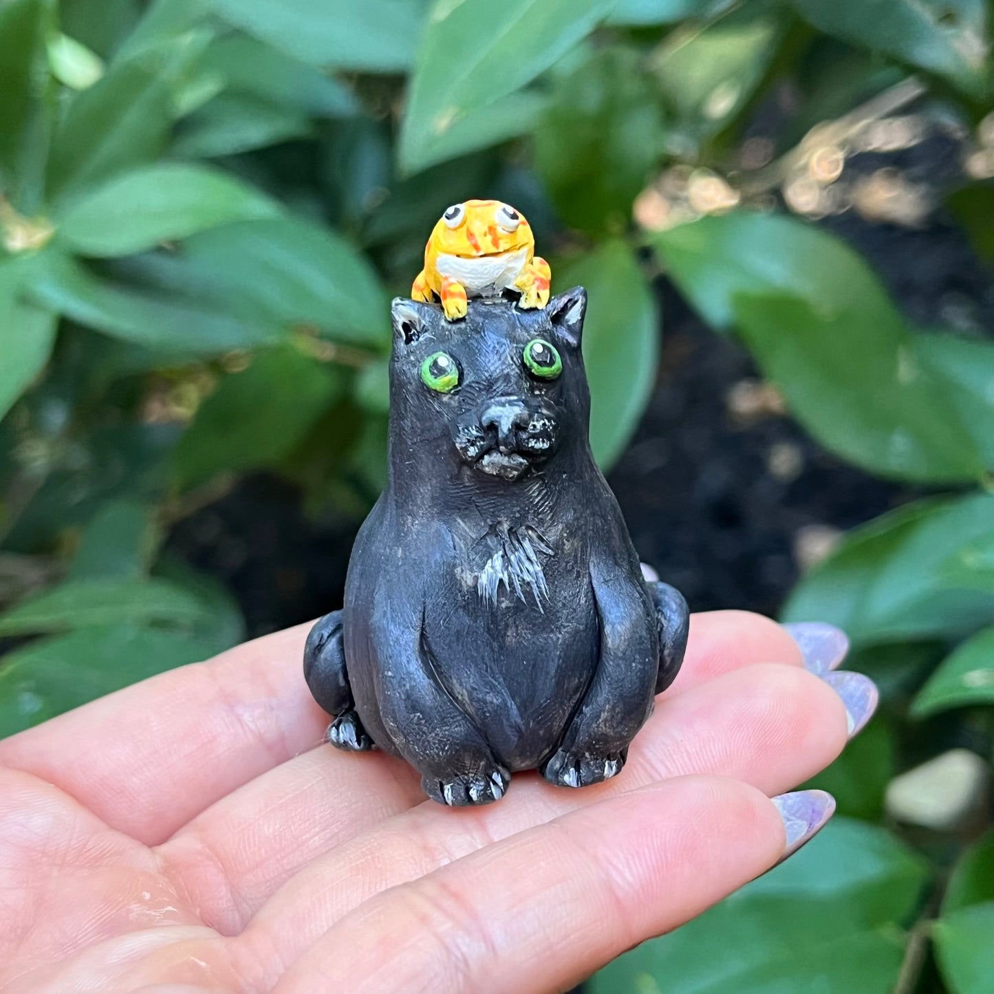 Handmade black cat and pacman frog figurine