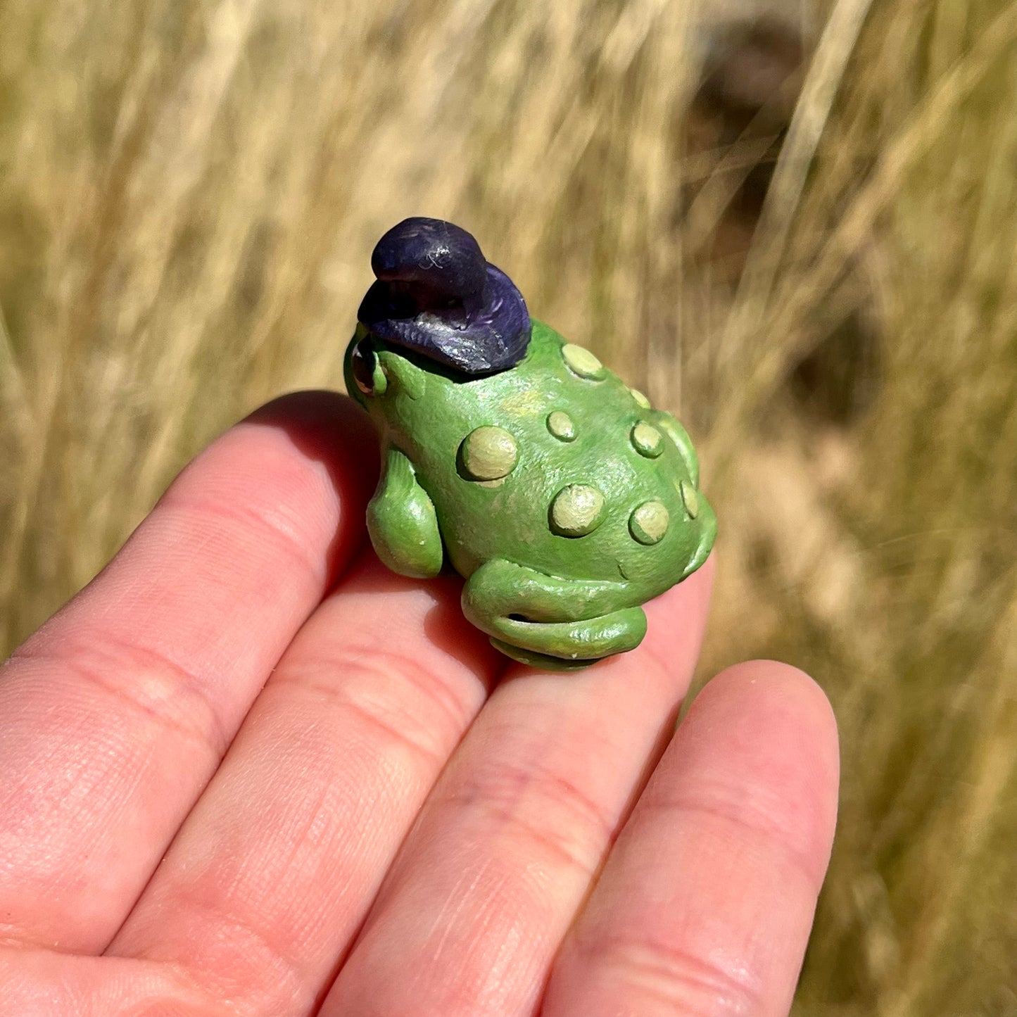 Handmade polymer clay mini witch hat toad figurine