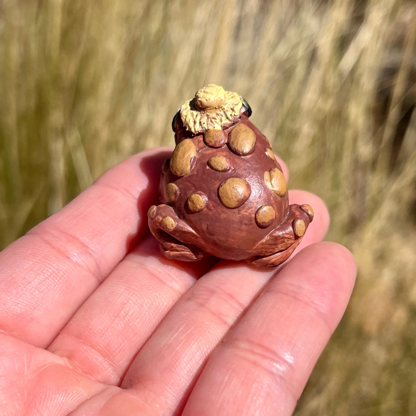 Handmade Polymer Clay Brown Straw Hat Toad Mini Figurine