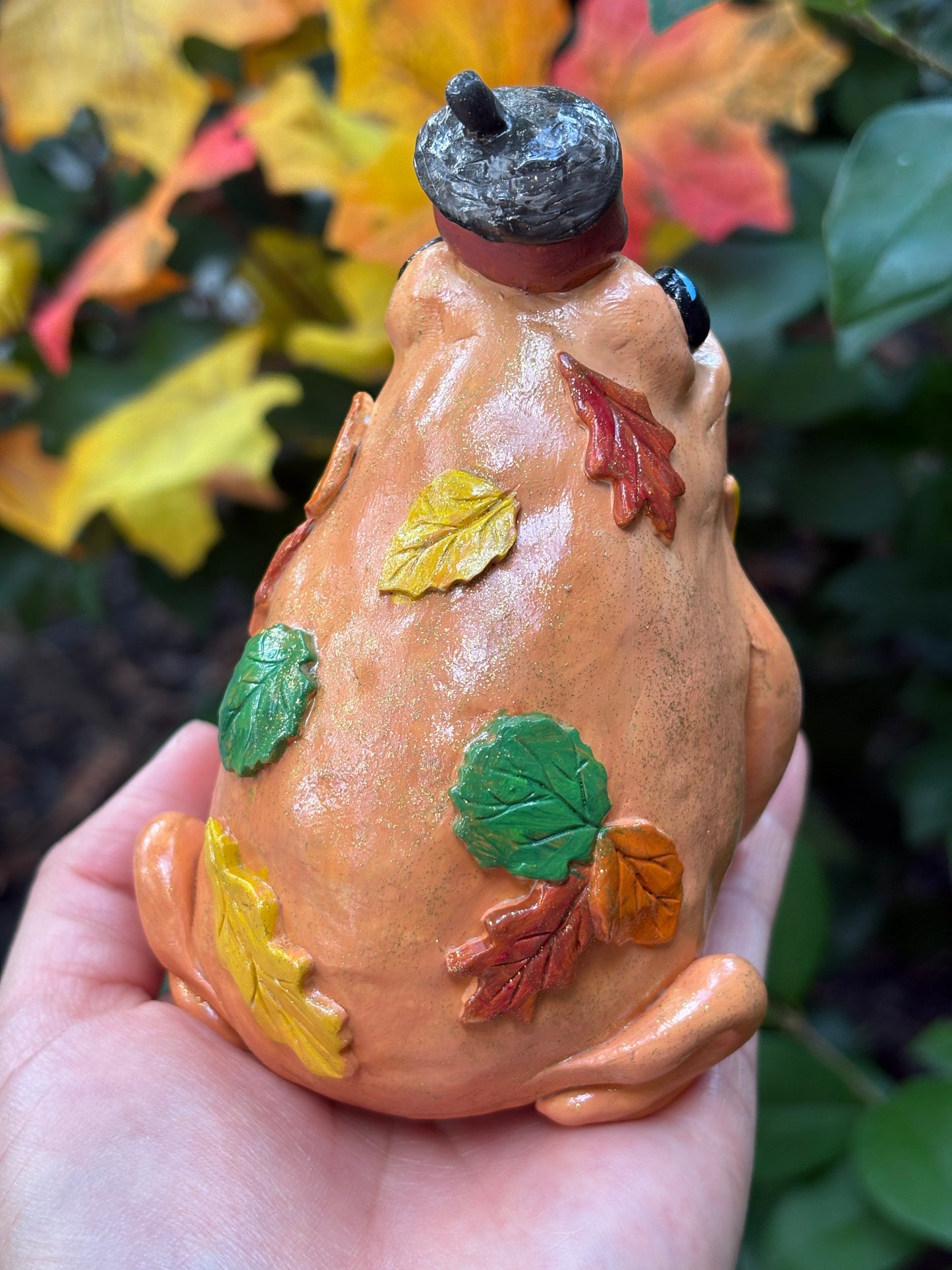 Handmade fall acorn hat frog figurine