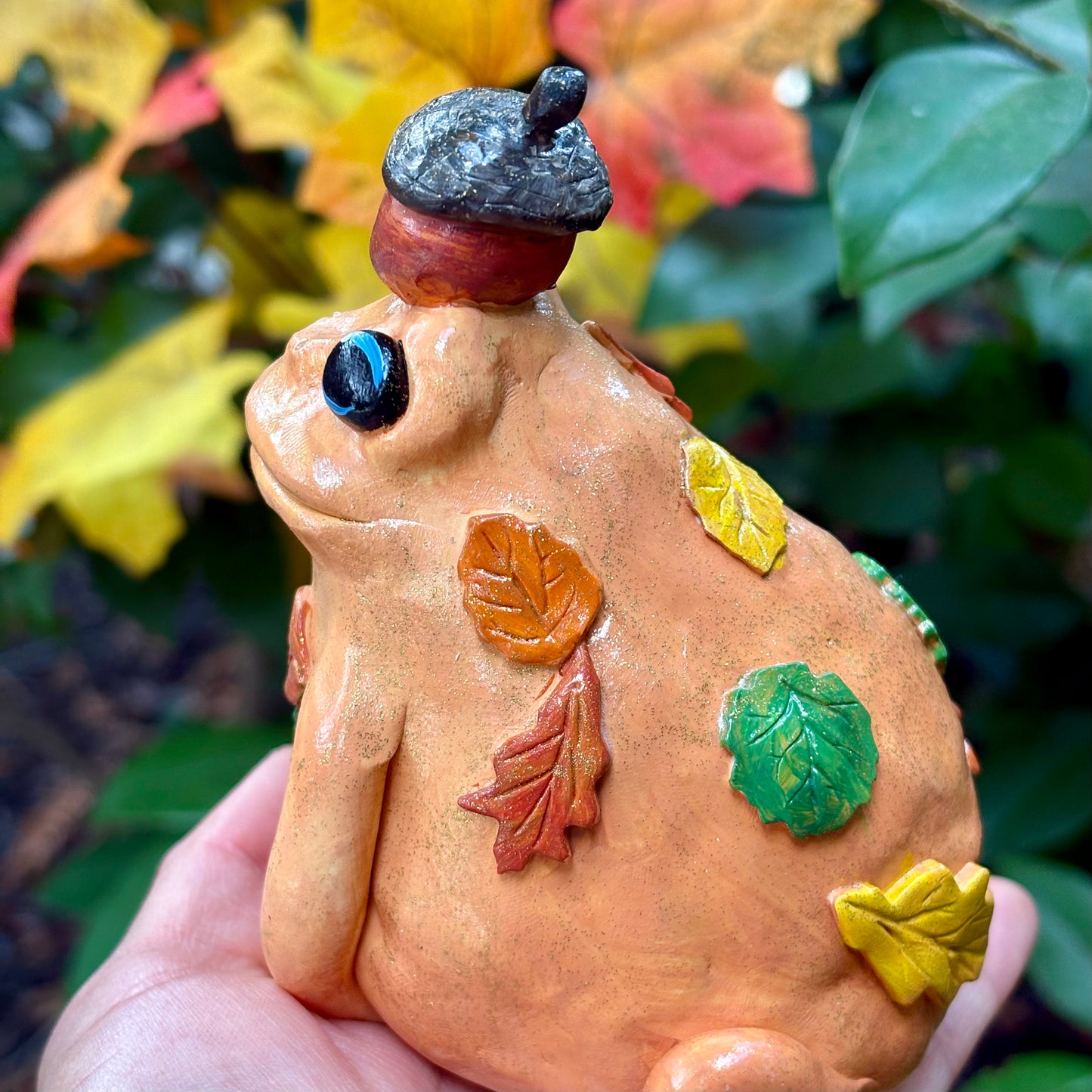 Handmade fall acorn hat frog figurine