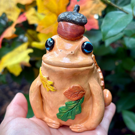 Handmade fall acorn hat frog figurine