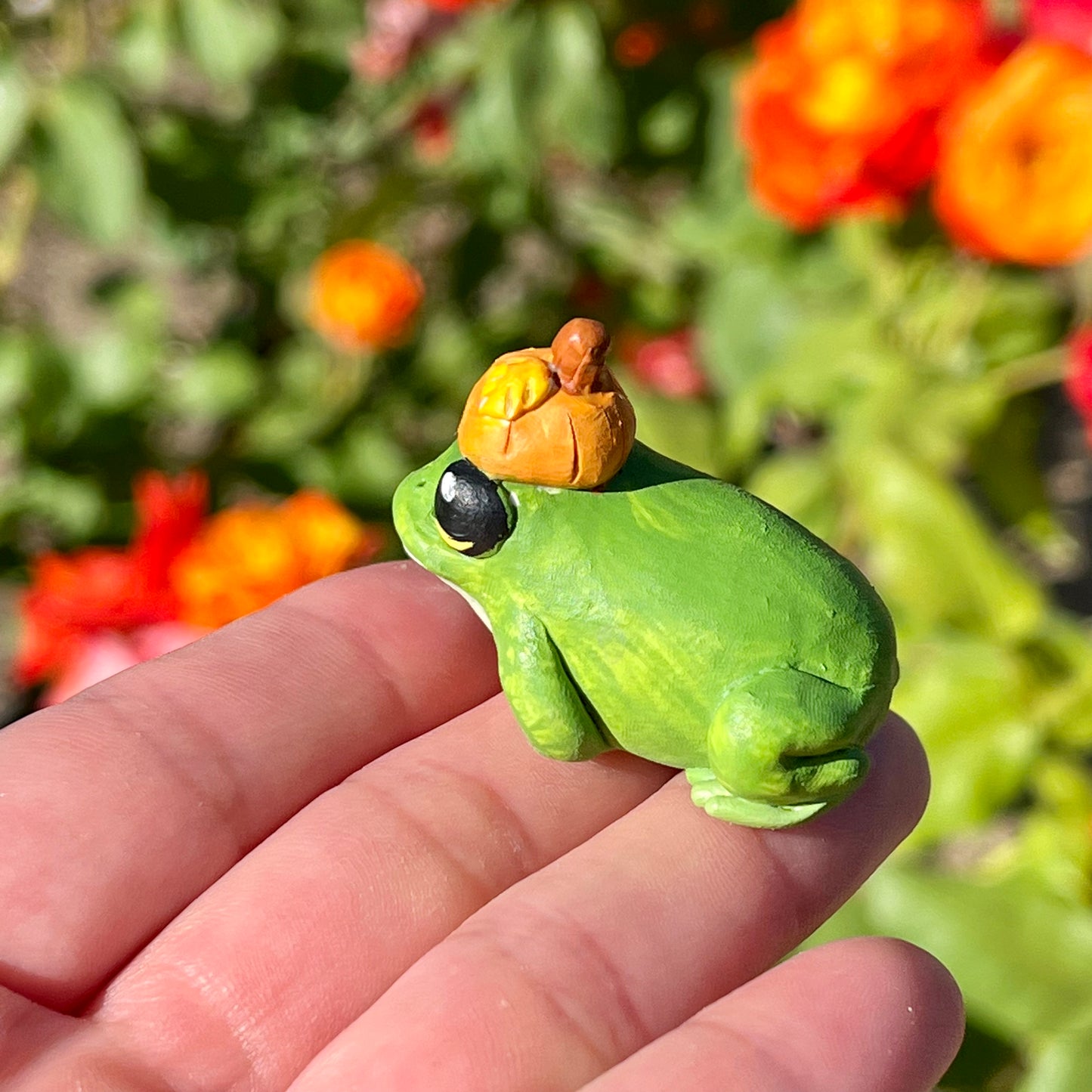Handmade Polymer Clay Mini Pumpkin Hat Frog Figurine