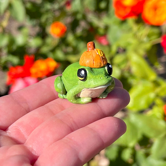 Handmade polymer clay mini pumpkin hat frog figurine