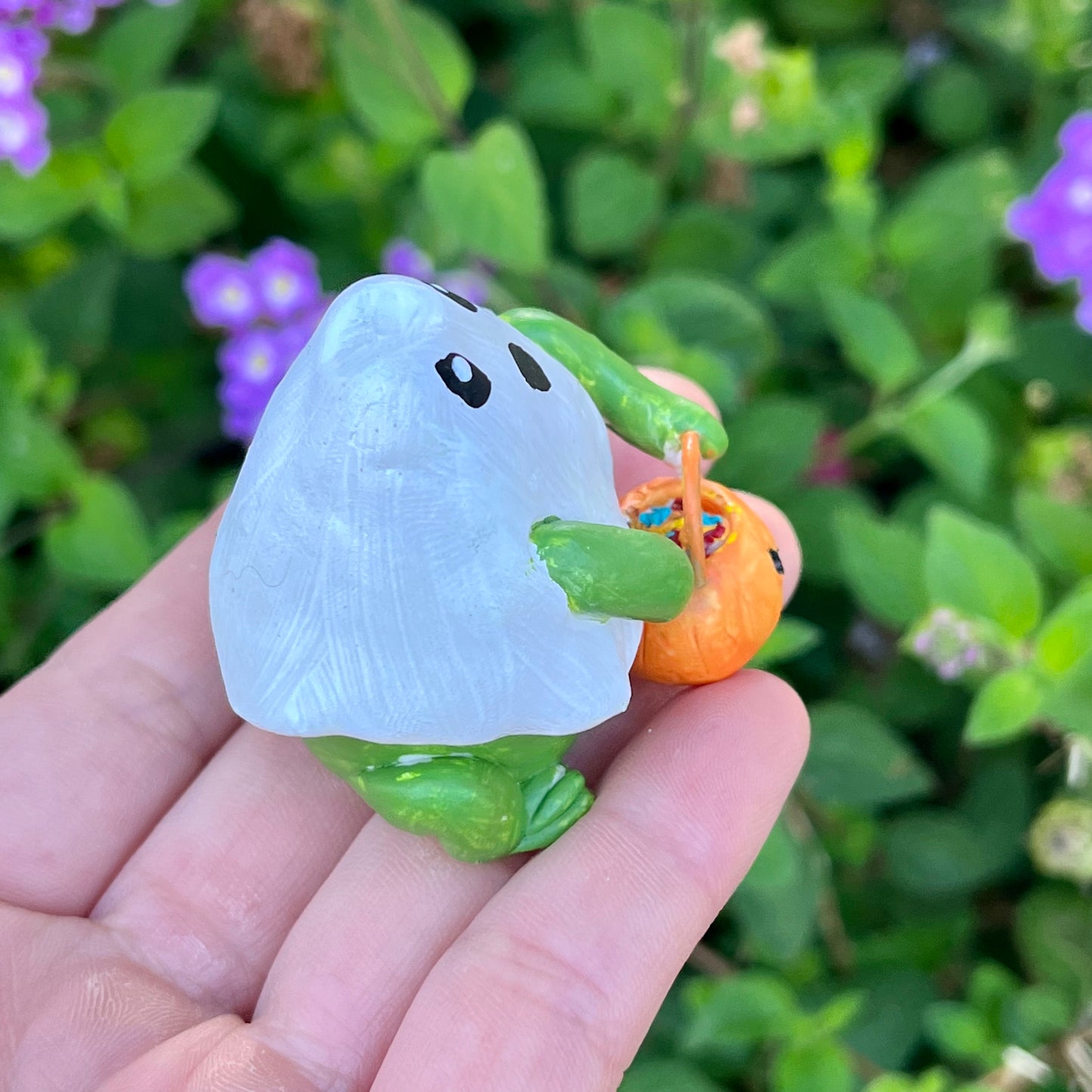 Handmade Polymer Clay Trick or Treat Ghost Frog with Pumpkin Figurine
