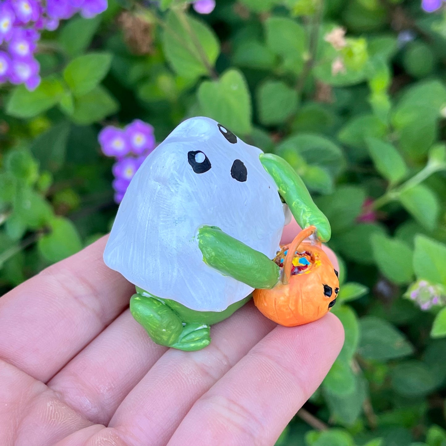 Handmade polymer clay trick or treat ghost frog figurine