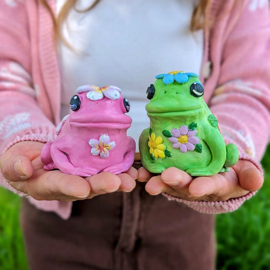 Handmade polymer clay garden flower frog figurines