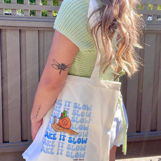 “Take it Slow” Snail and Frog Tote Bag