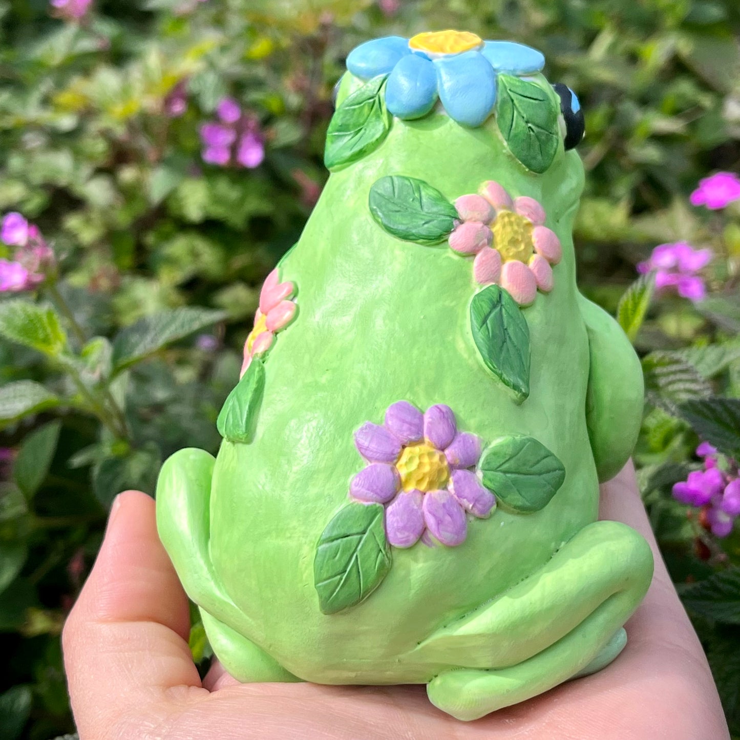 Handmade polymer clay garden flower frog figurines