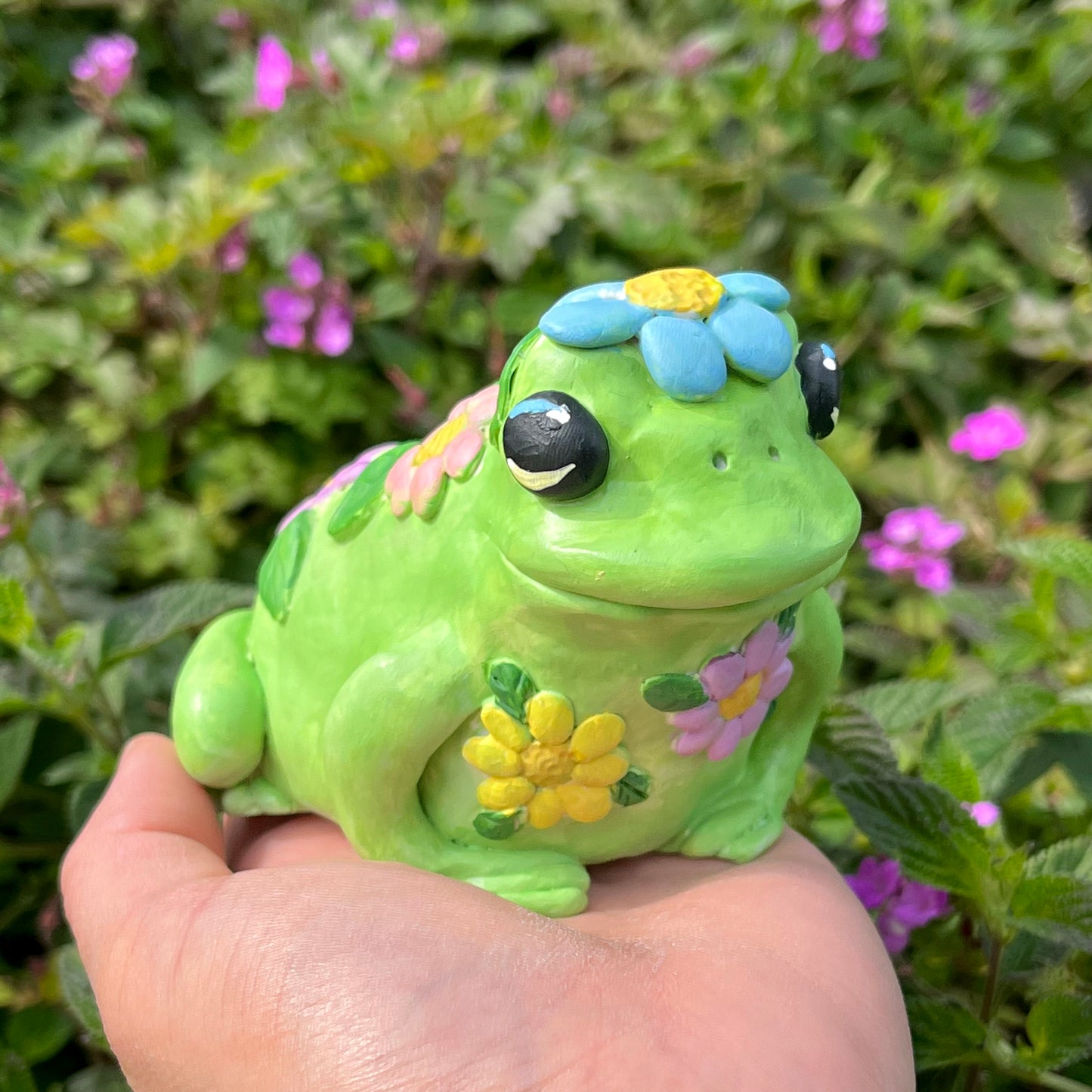 Handmade polymer clay garden flower frog figurines