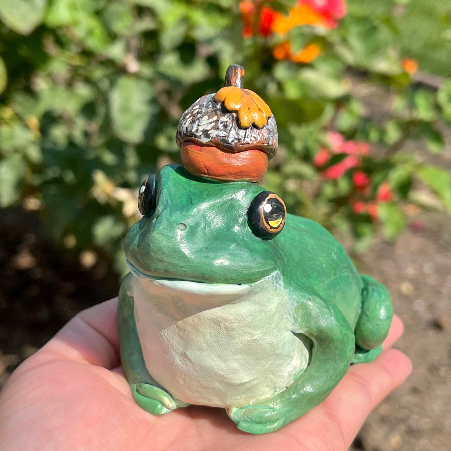 Handmade polymer clay green frog with acorn hat figurine
