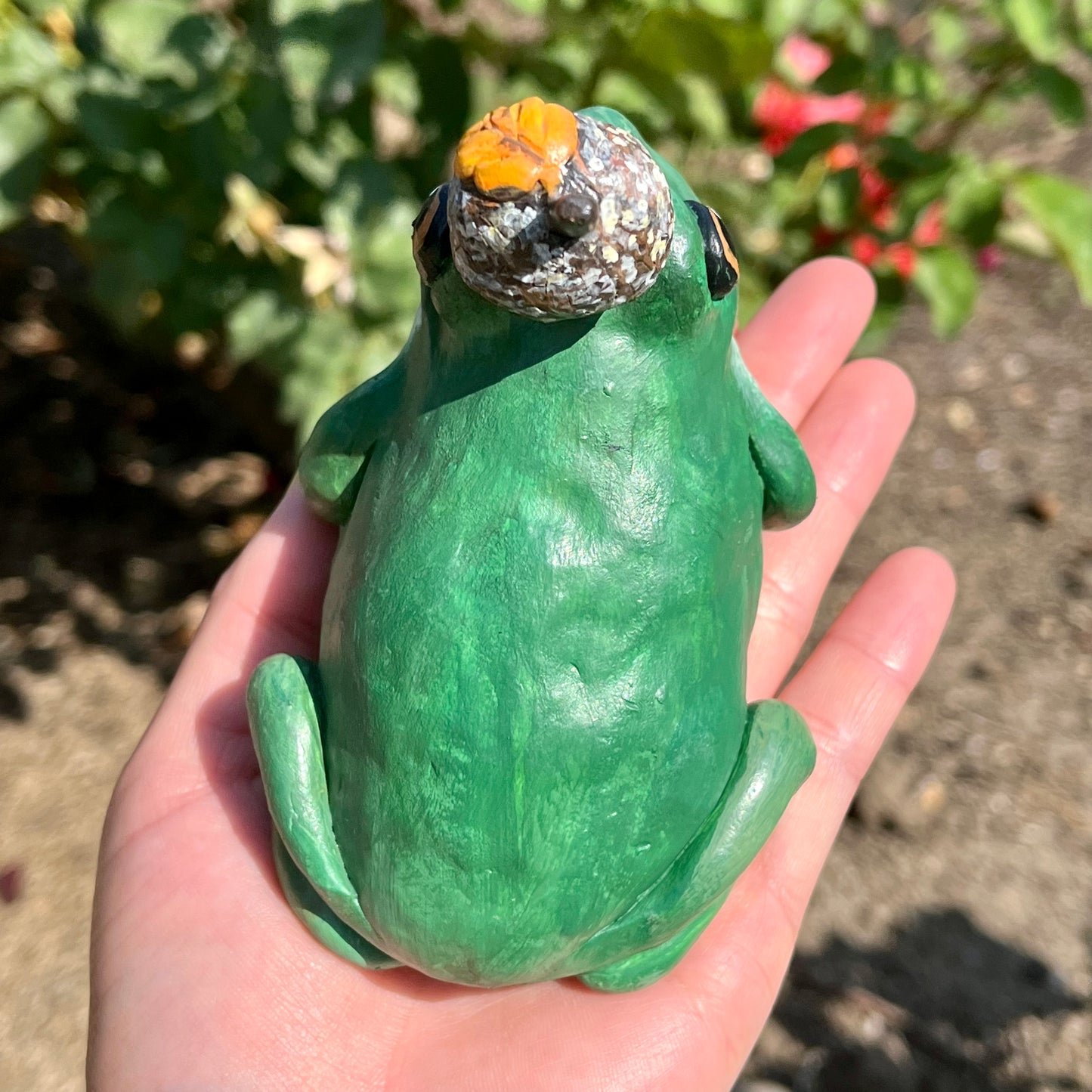 Handmade polymer clay green frog with acorn hat figurine