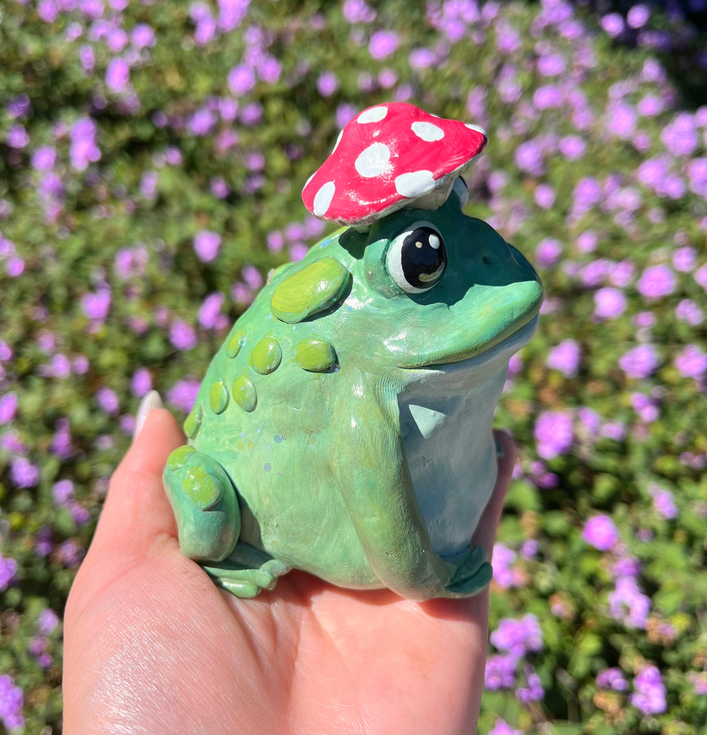 Handmade Polymer Clay Mushroom Hat Green Toad Figurine