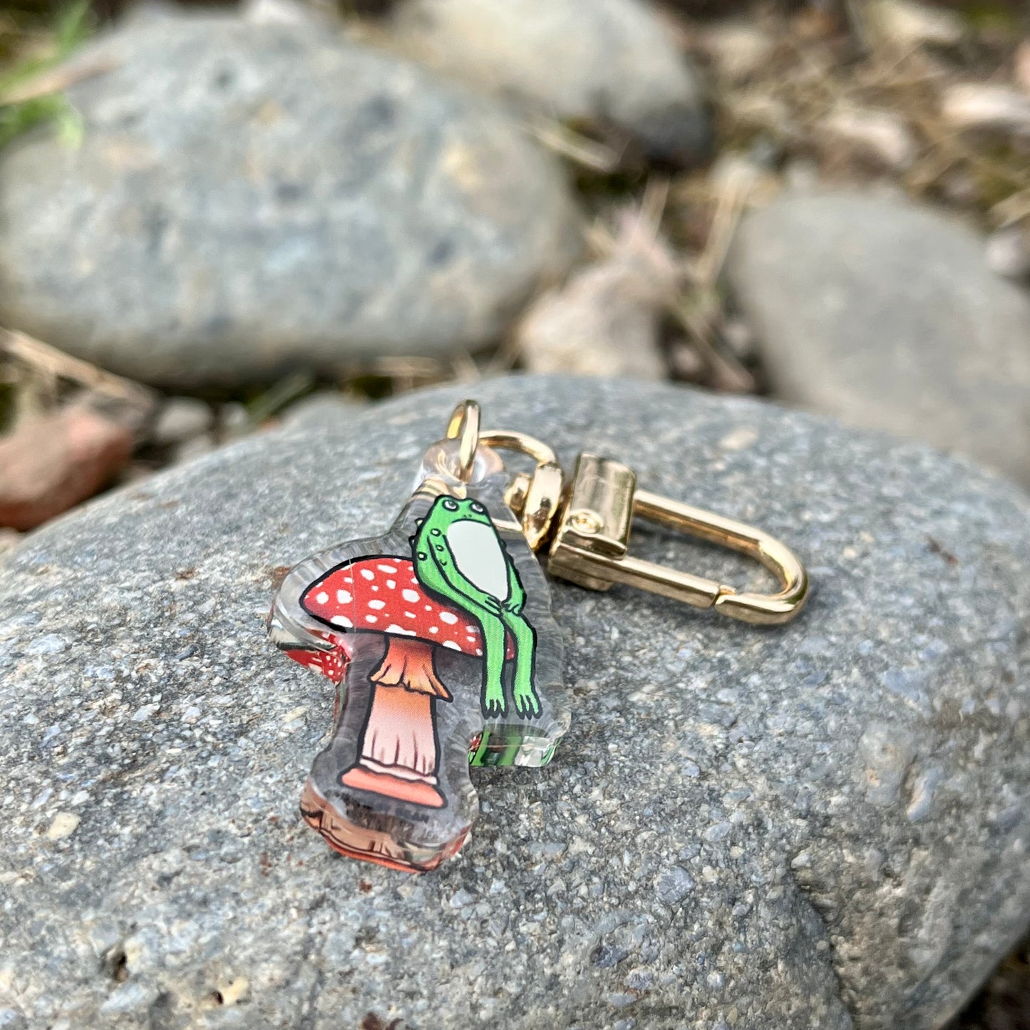 Acrylic sitting toad on mushroom keychain