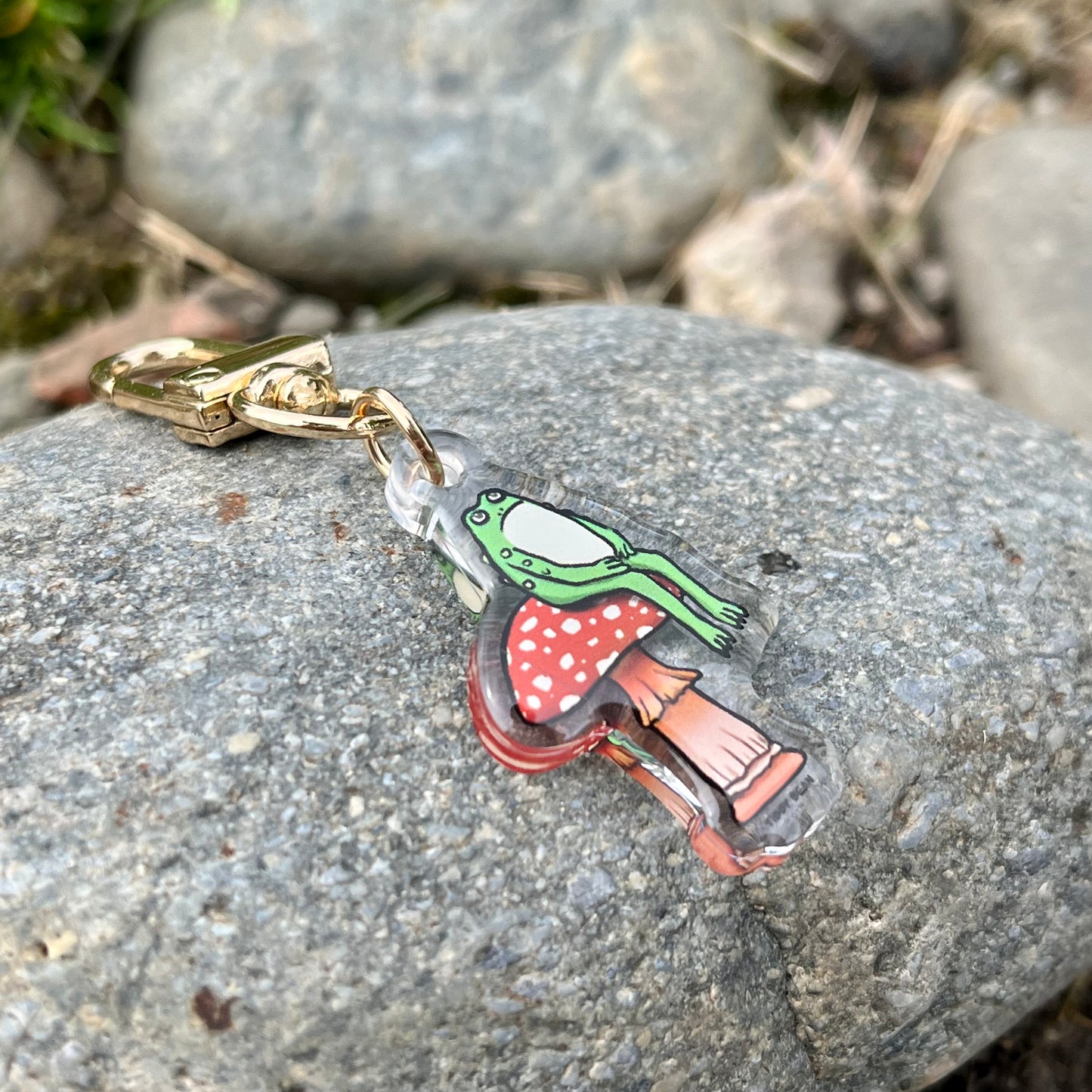 Acrylic sitting toad on mushroom keychain