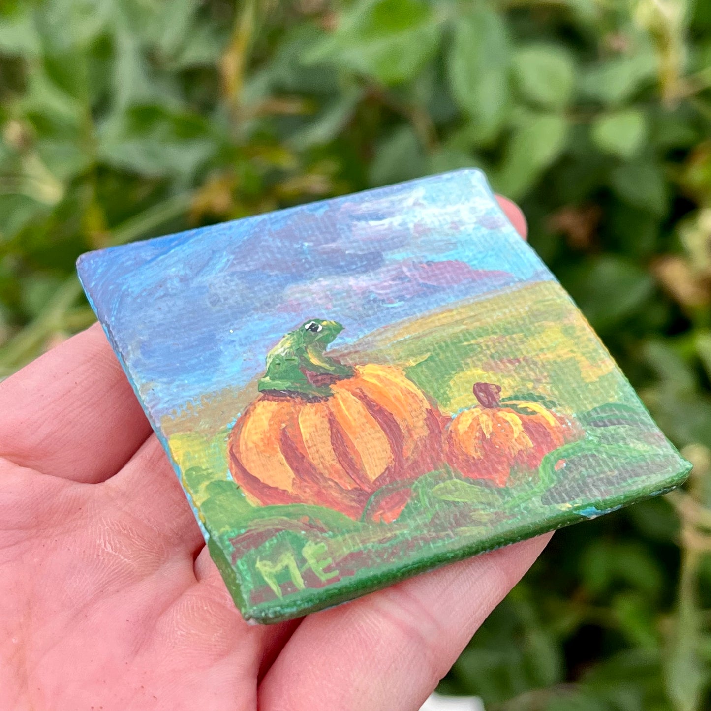 Cute Green Toad on Pumpkins Original Painting Magnet