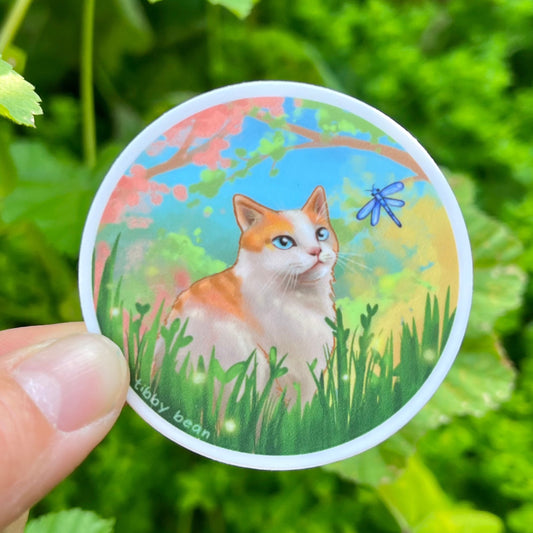 Cat and dragonfly vinyl sticker