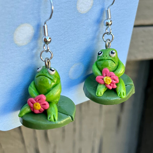 Handmade polymer clay frog on lily pad earrings